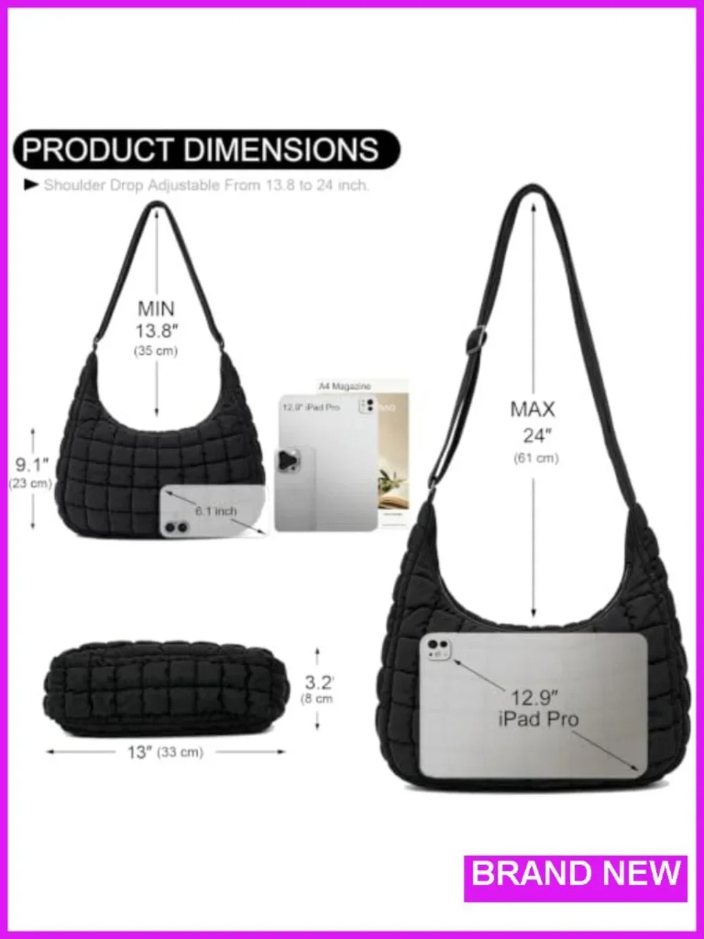 Quilted Nylon Crossbody Shoulder Hobo Bag for Women Padded Adjustable Strap
